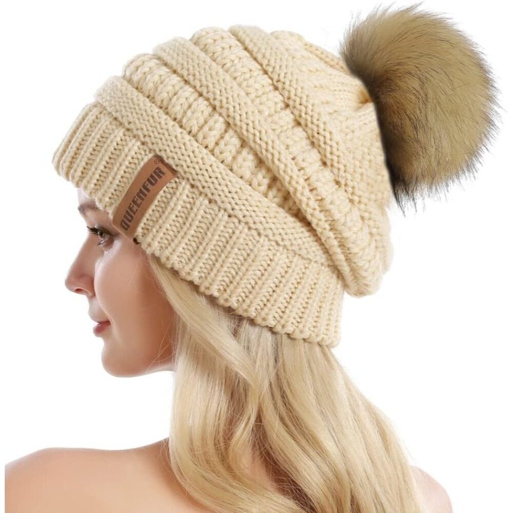 Women A1-Beige 2 Soft Acrylic Thick Baggy Knit Winter Faux Fur Pompom Beanie